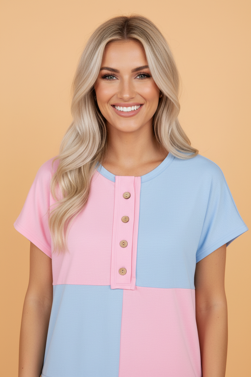 Two Tone Half Button Collared T-Shirt