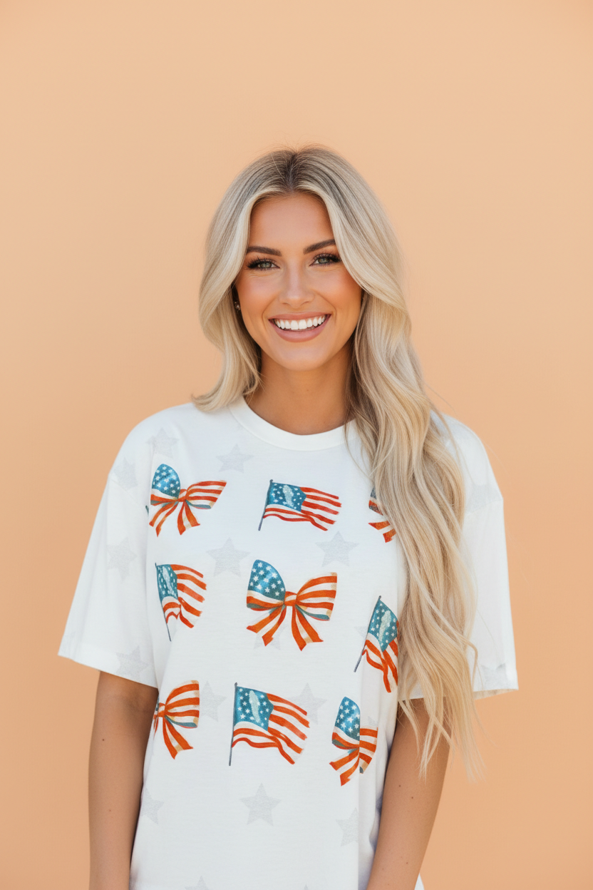 Patriotic Flag Bow Graphic Starry T-Shirt