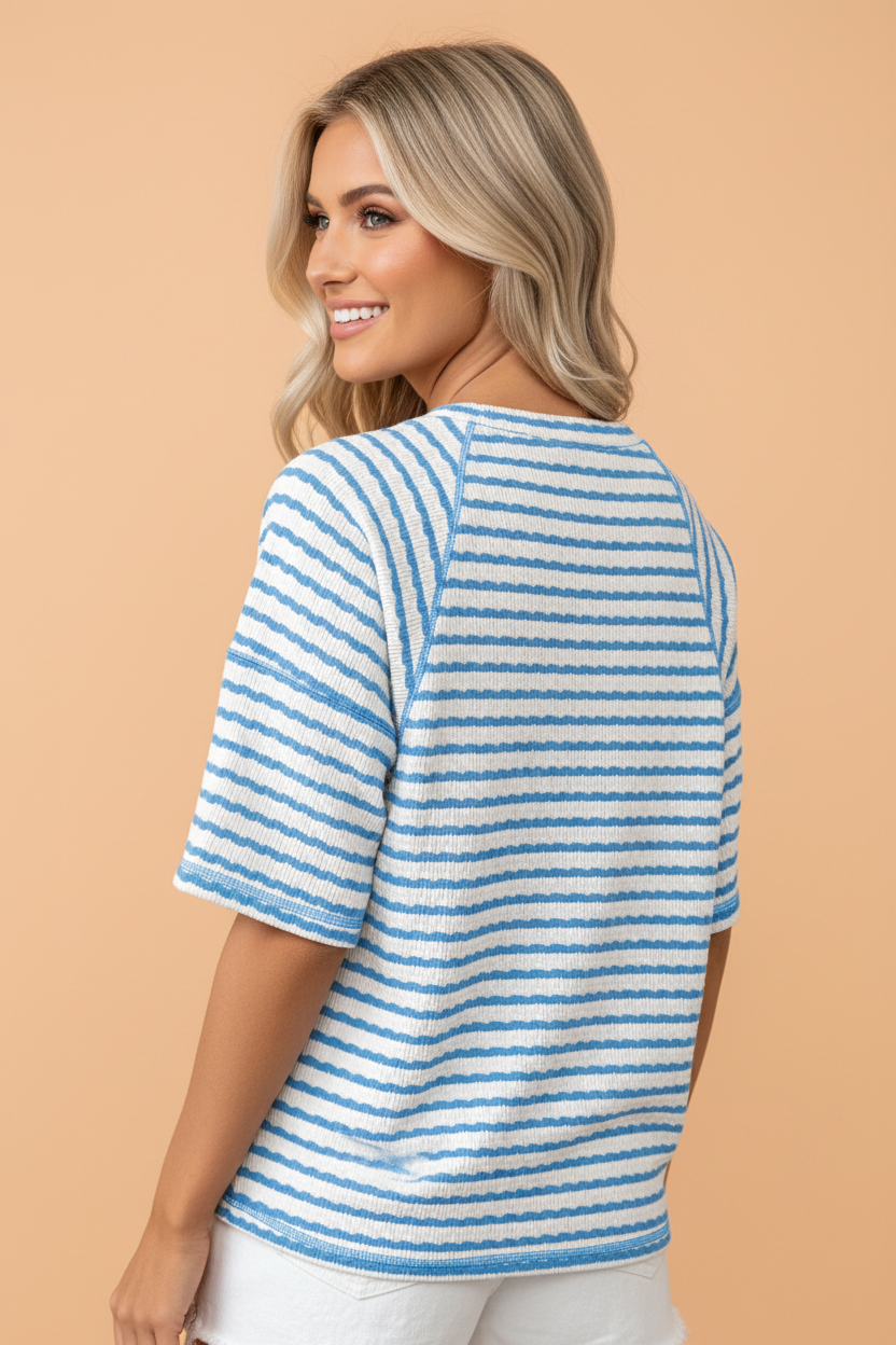Stripe Textured Knit 3/4 Sleeve Top
