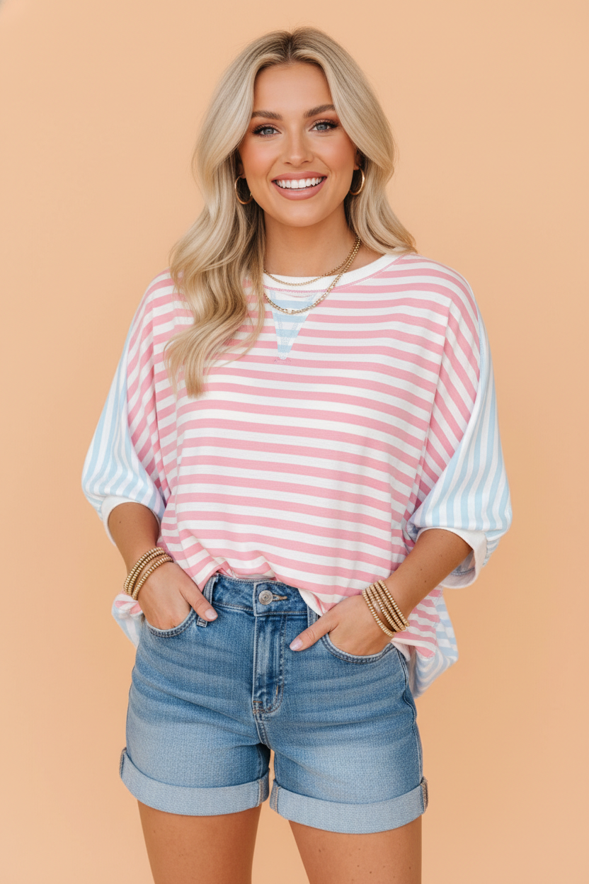 Stripe Oversize Dolman-Sleeve Patchwork T-Shirt