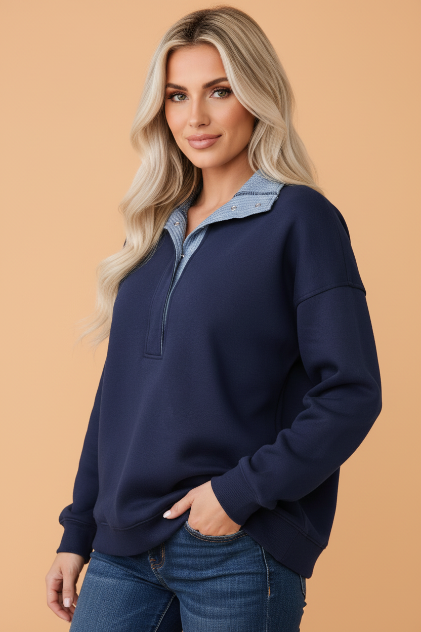Waffle Knit Contrast Collar Half Buttoned Sweatshirt