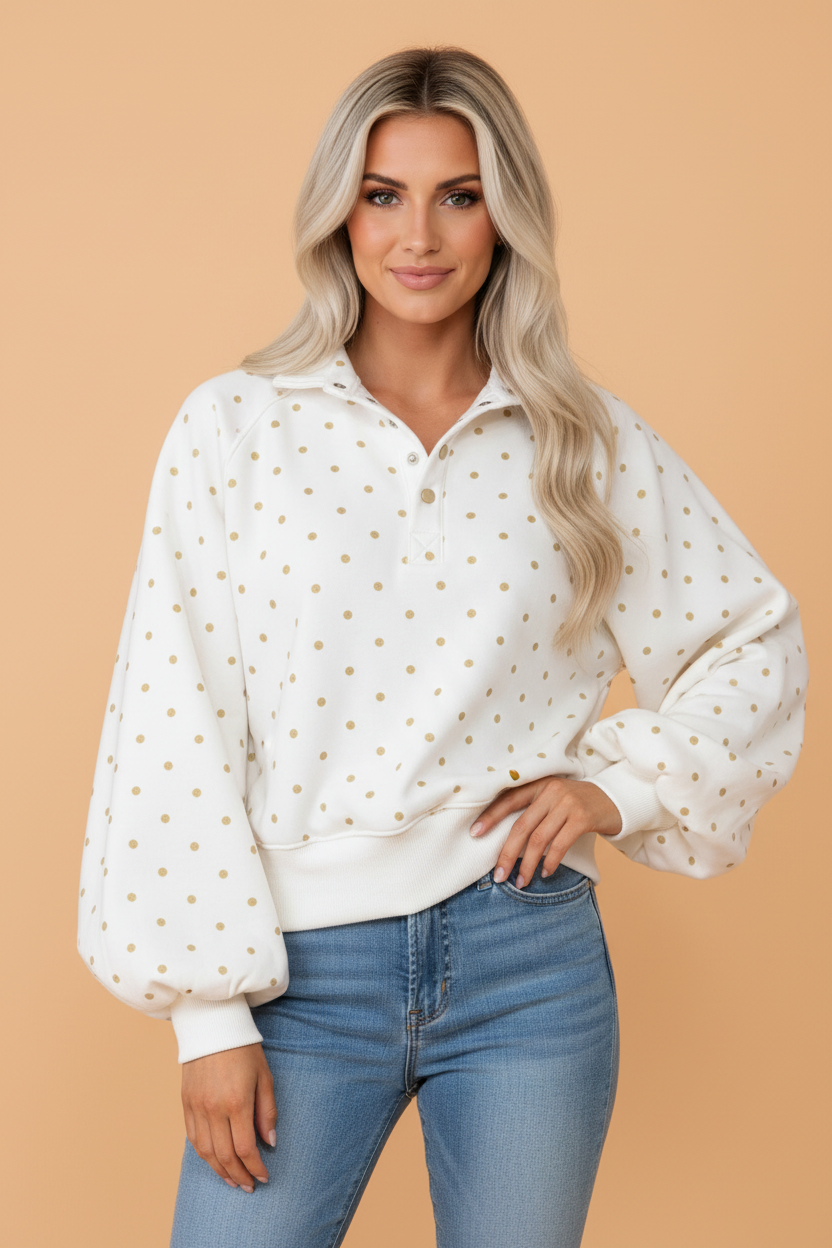 Polka Dot Half Button Collar Pullover Sweatshirt