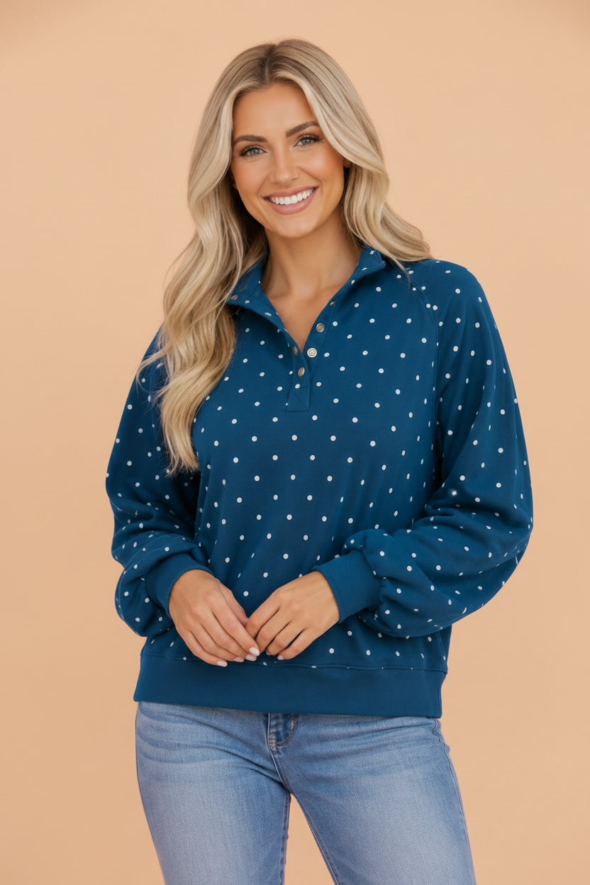 Polka Dot Buttoned Collar Long Sleeve Sweatshirt