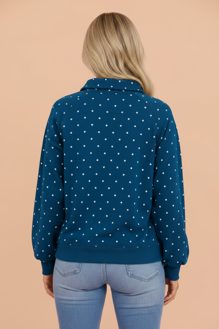 Polka Dot Buttoned Collar Long Sleeve Sweatshirt