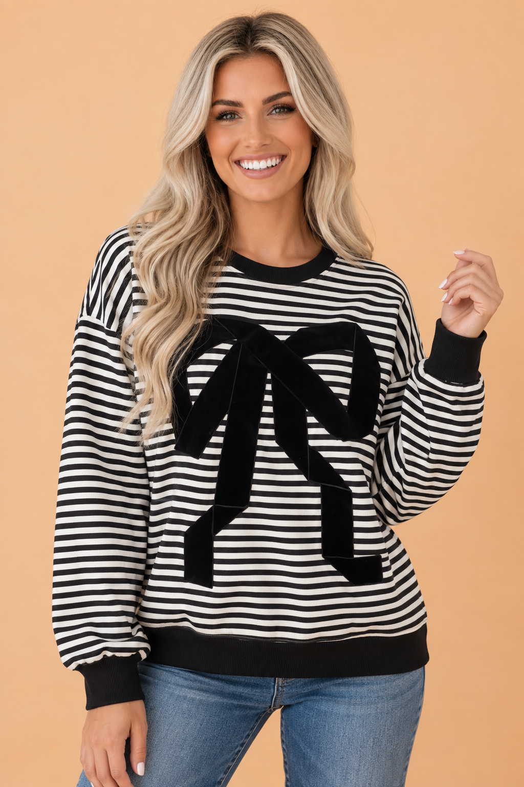 Stripe Velvet Bow Drop Shoulder Sweatshirt