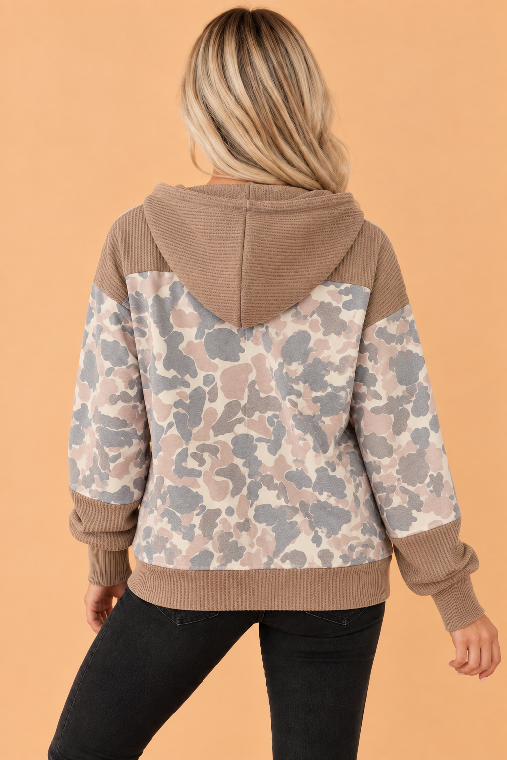 Camo Waffle Knit Patchwork Buttoned Hoodie