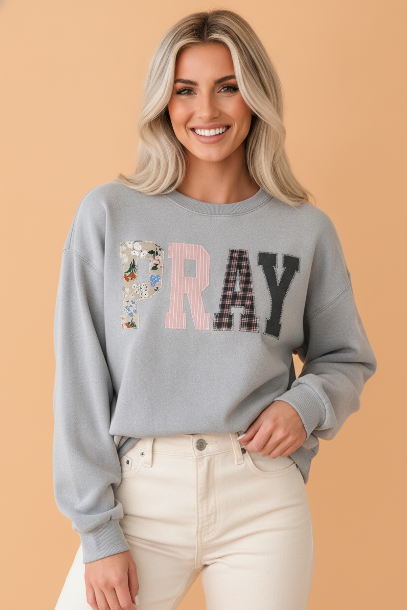 PRAY Embroidered Patchwork Drop Shoulder Sweatshirt