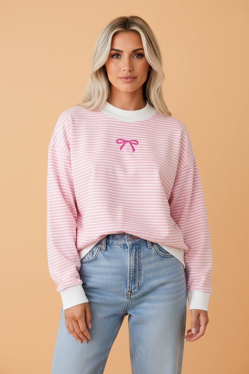 Stripe Bow Embroidered Contrast Mock Neck Sweatshirt