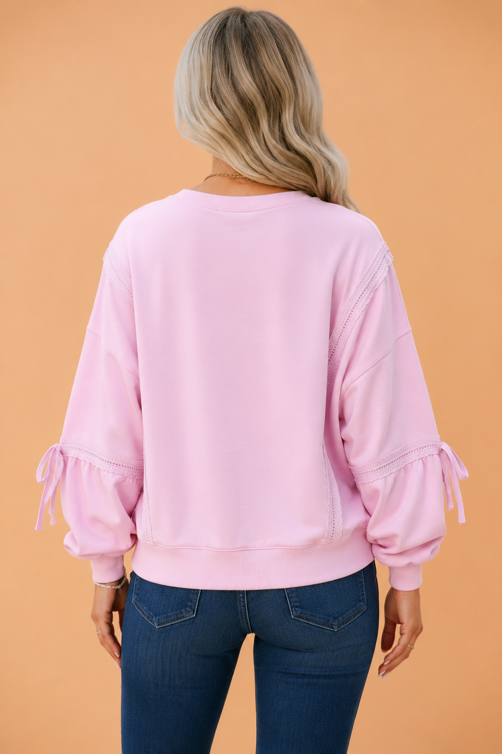 Solid Lace Trim Raw Seam Loose Sweatshirt