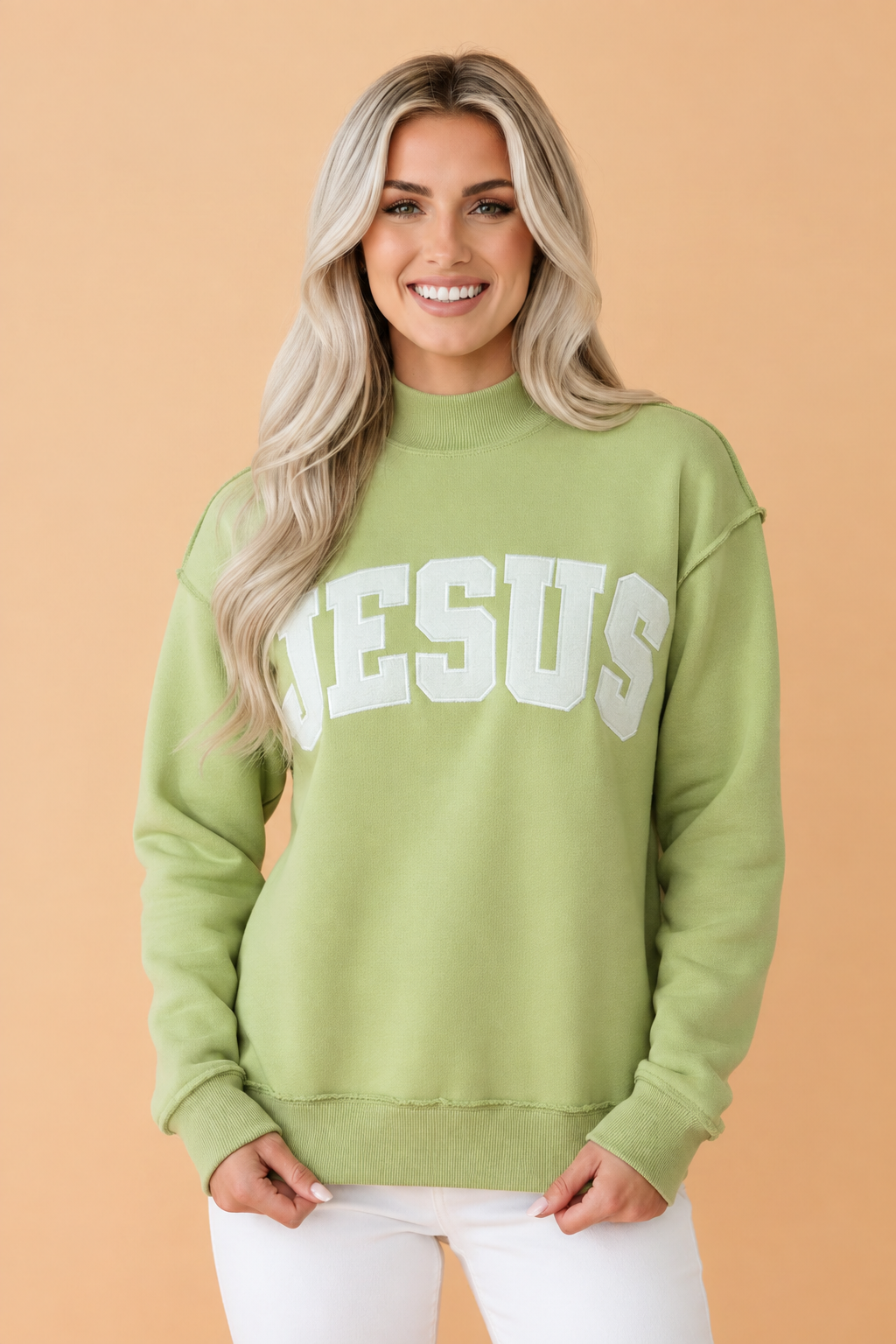 JESUS Letter Print Exposed Seam Mock Neck Sweatshirt
