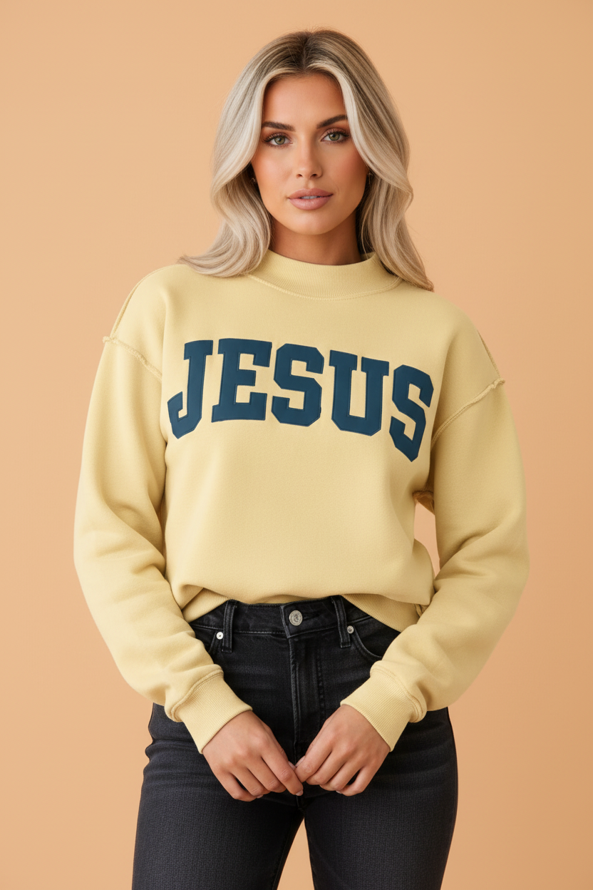 JESUS Letter Print Exposed Seam Mock Neck Sweatshirt