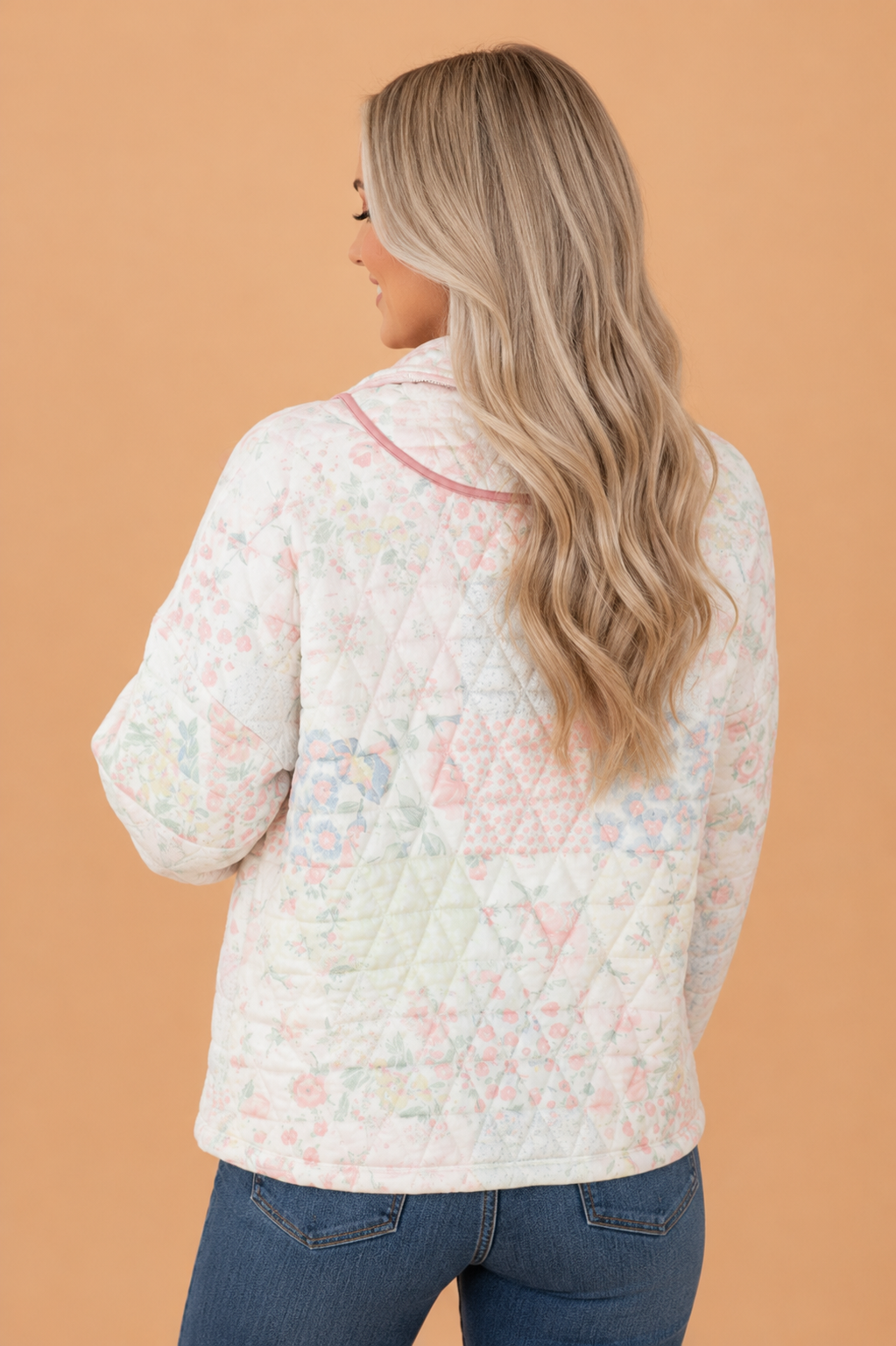 Floral Quilted Metal Zipper Collar Long Sleeve Sweatshirt