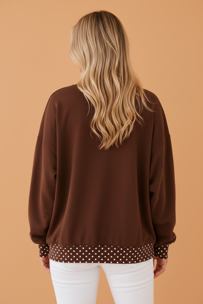 Polka Dot Contrast Trim Mock Neck Sweatshirt
