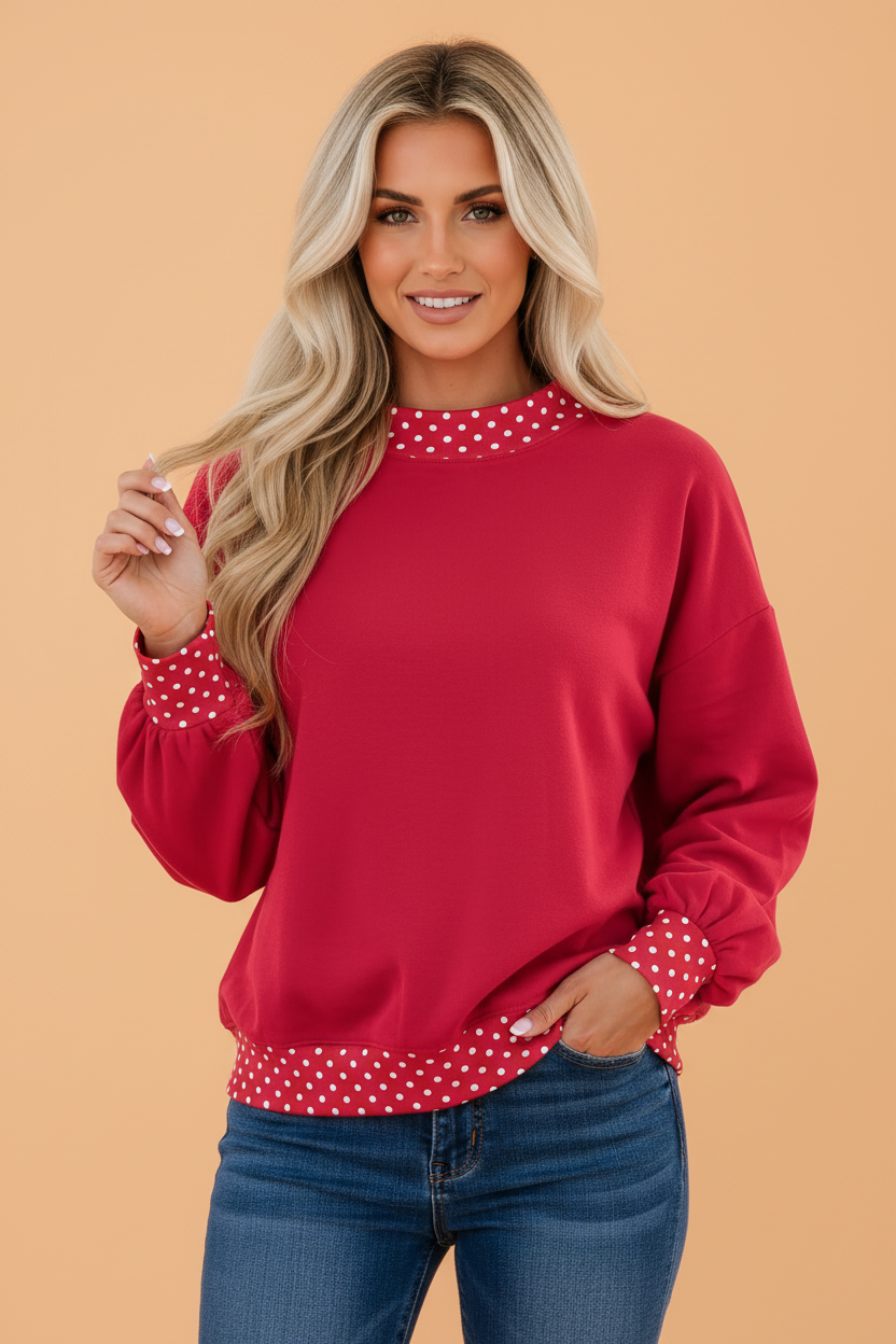 Polka Dot Contrast Trim Mock Neck Sweatshirt