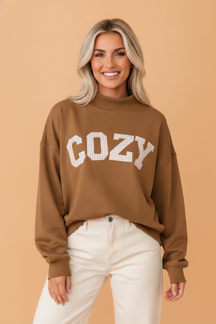 Gingham Patch Embroidered Mock Neck Sweatshirt