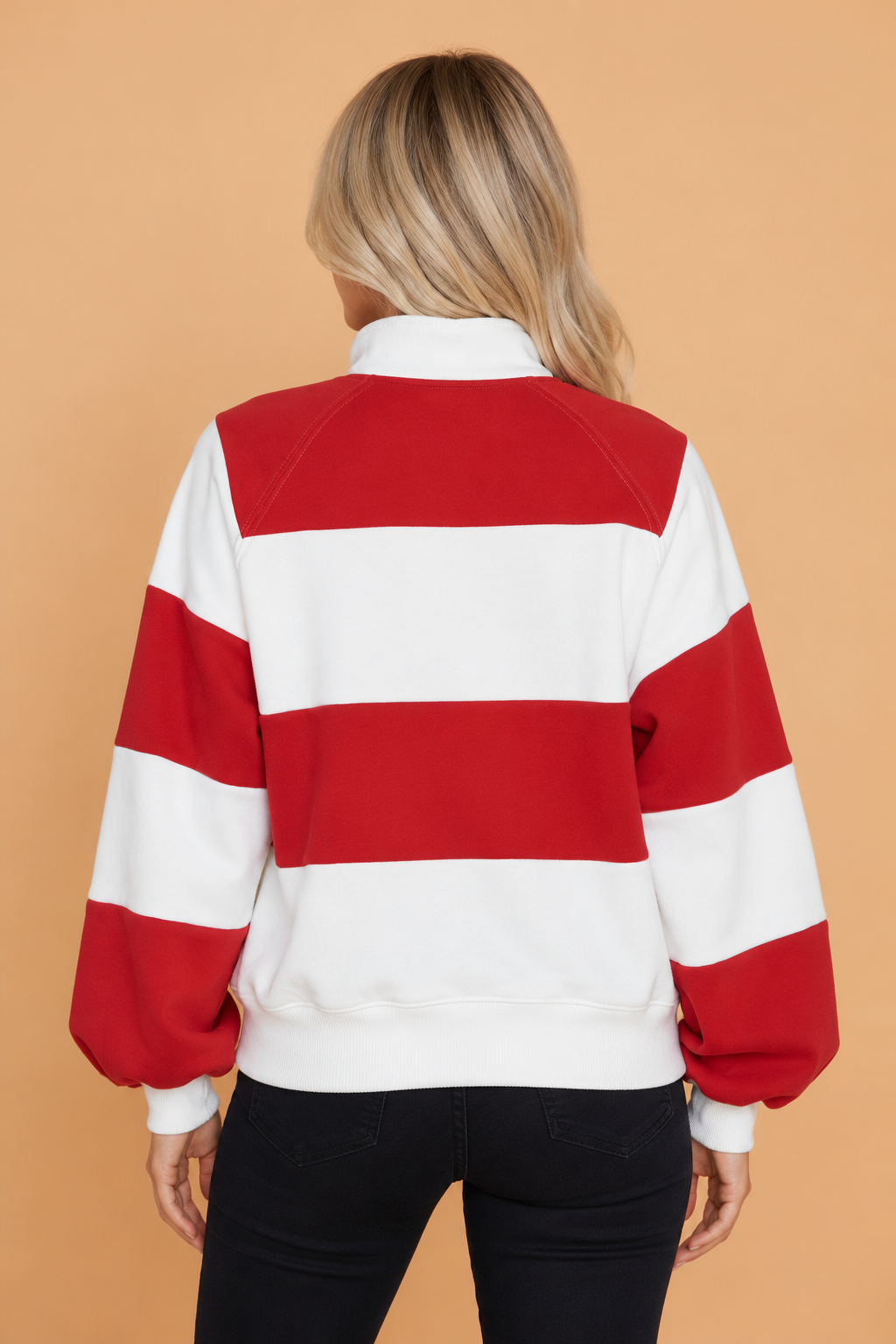 Colorblock Stripe Puff Sleeve Buttoned Collar Sweatshirt