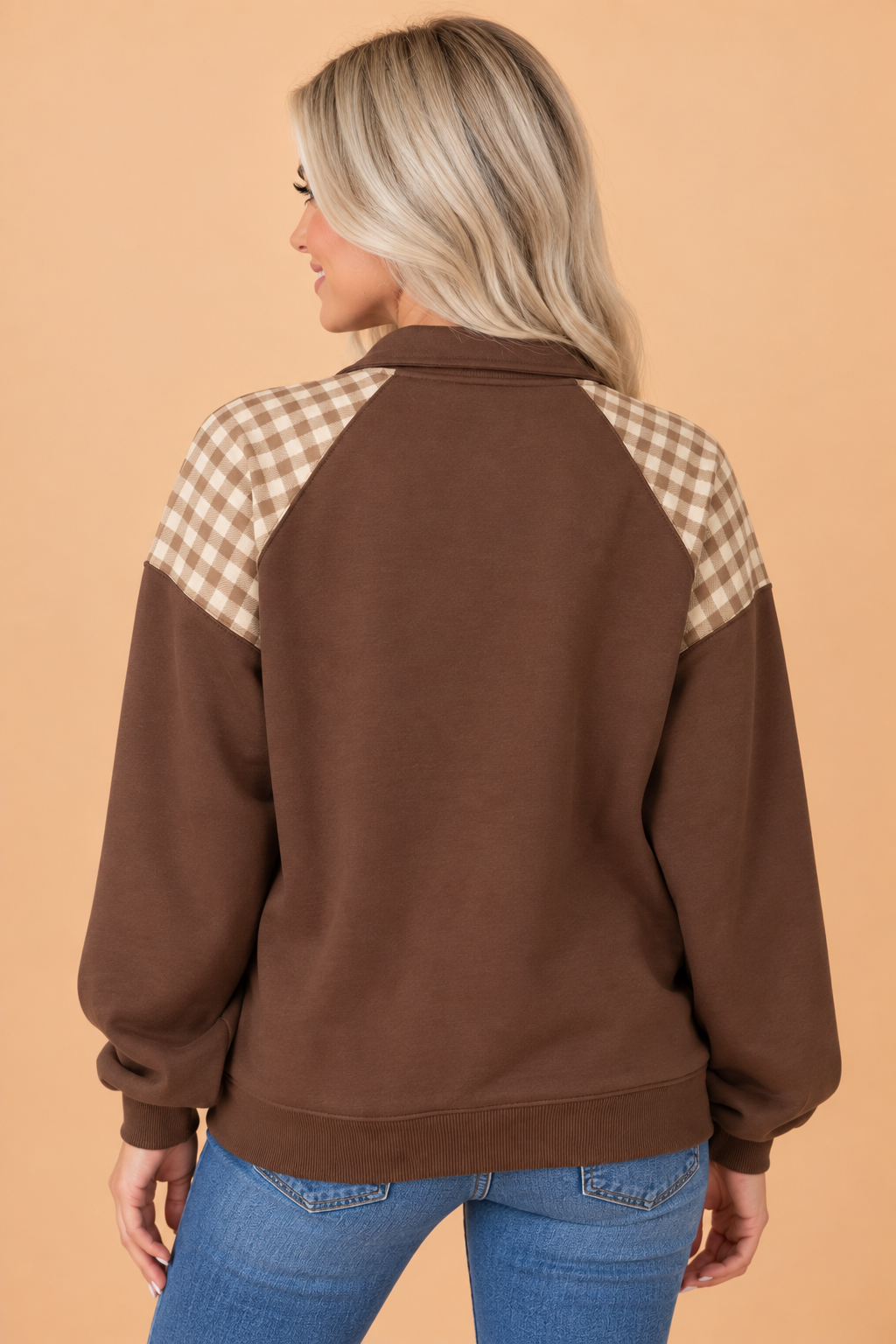Gingham Patchwork Half Zip Kangaroo Pocket Sweatshirt