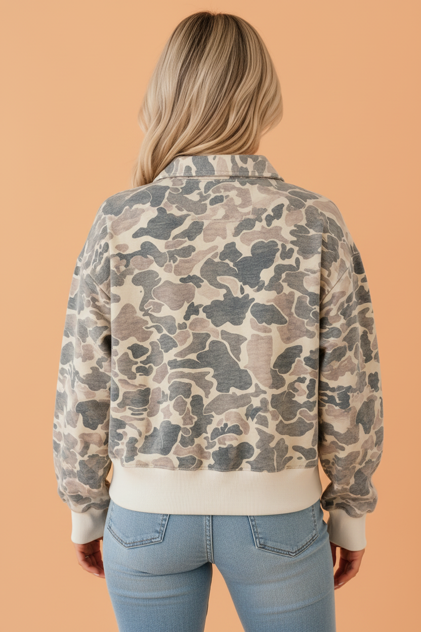 Camo Ribbed Contrast Trim Buttoned Collar Sweatshirt