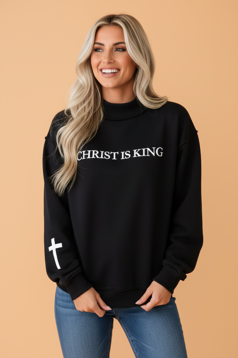 CHRIST IS KING Embroidered Mock Neck Sweatshirt