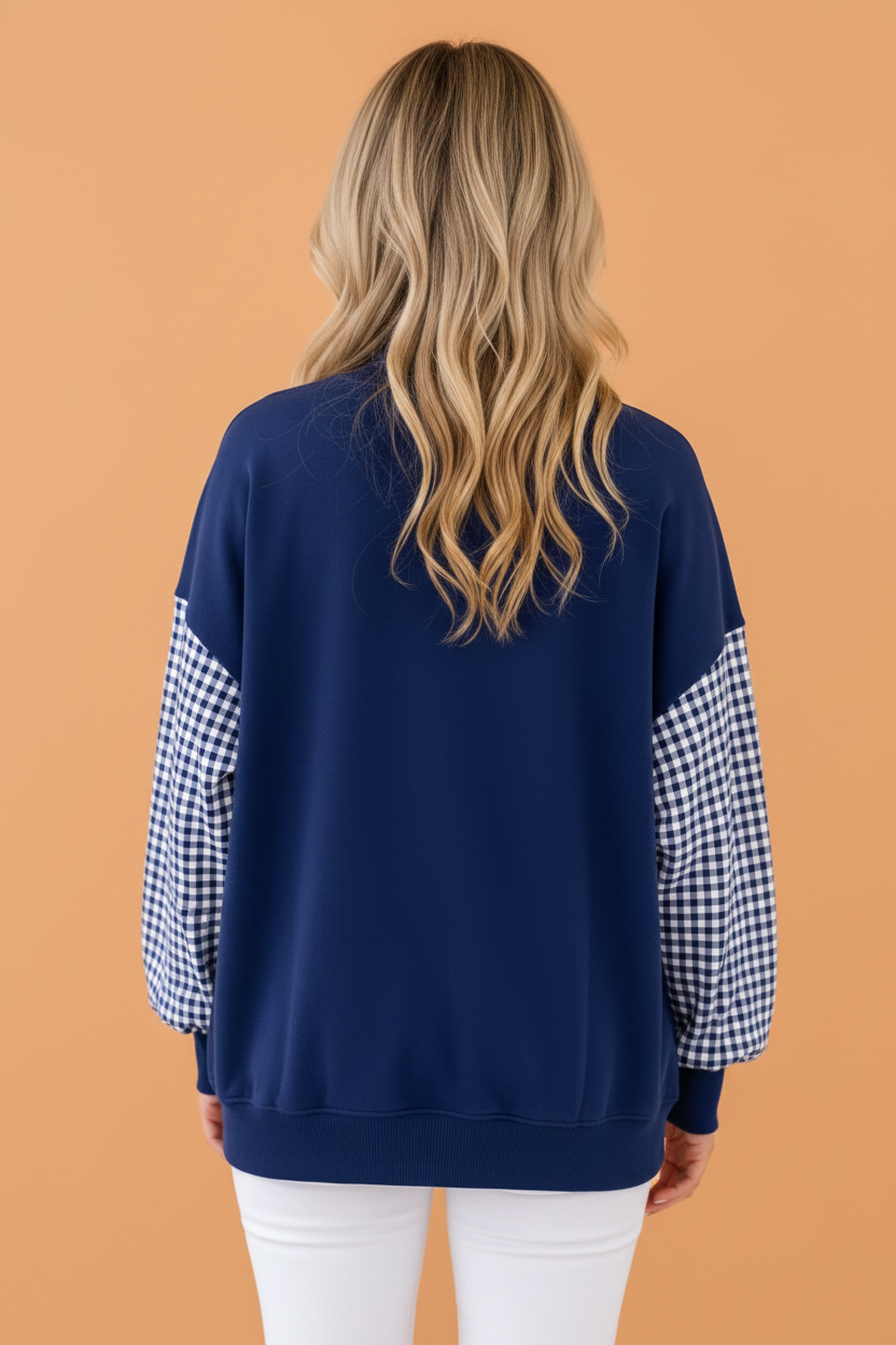 Gingham Colorblock Mock Neck Long Sleeve Sweatshirt