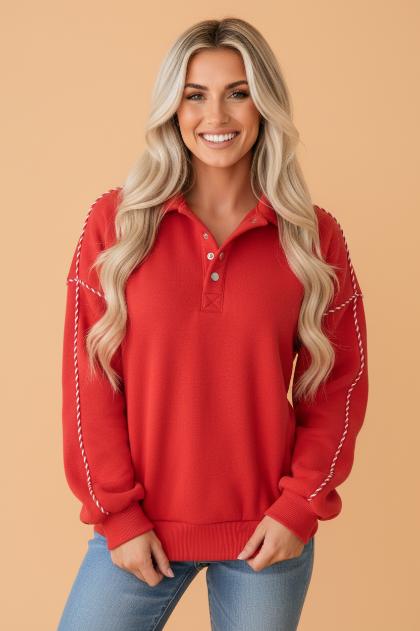 Stripe Contrast Trim Snap Button Sweatshirt