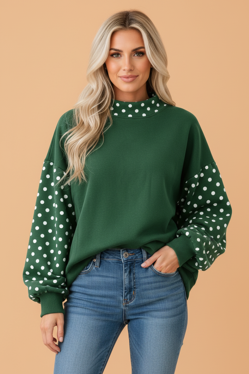 Polka Dot Patchwork Mock Neck Baggy Sweatshirt