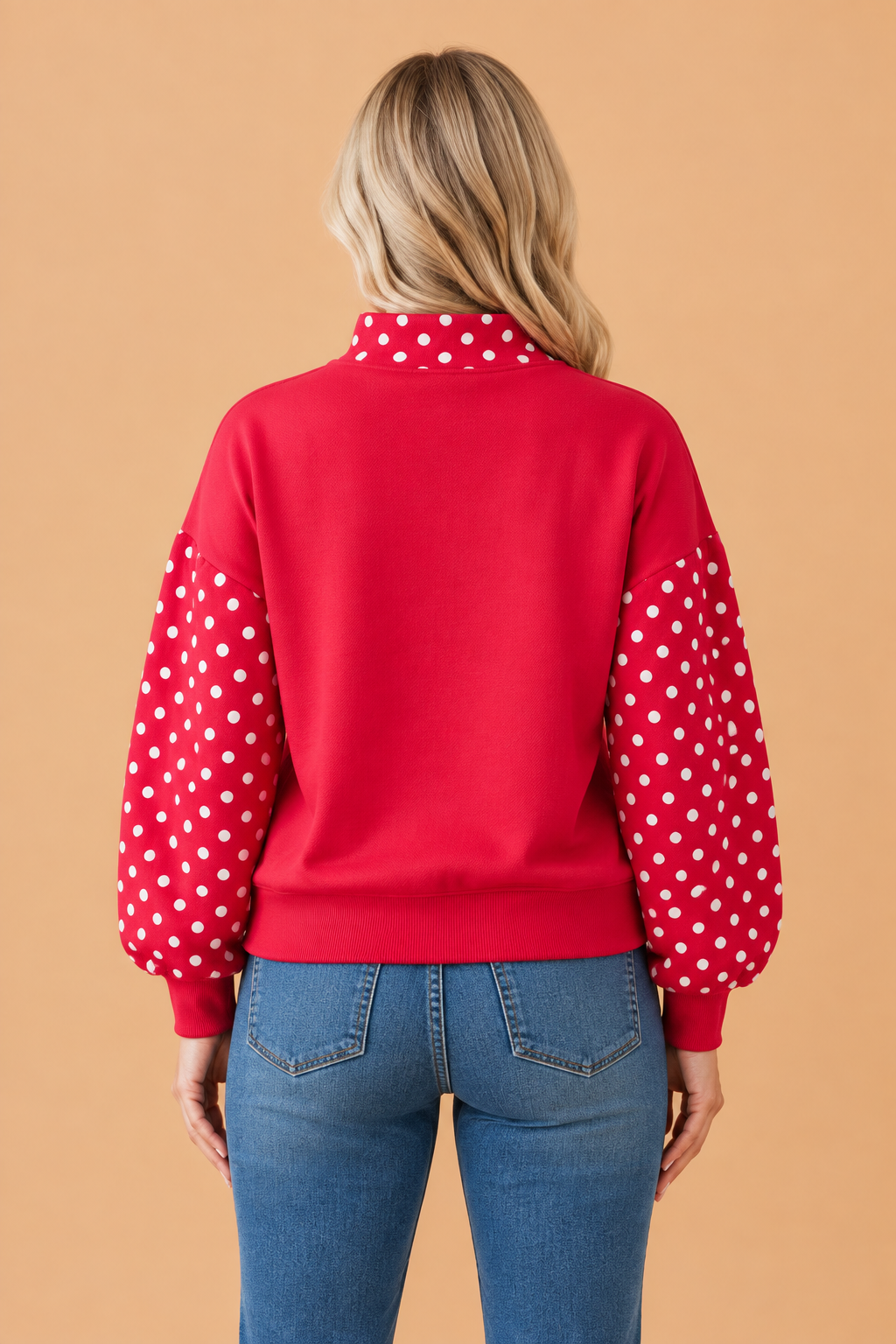 Polka Dot Patchwork Mock Neck Baggy Sweatshirt