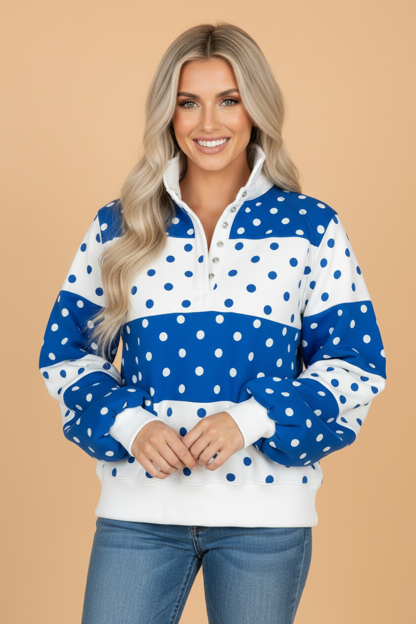 Polka Dot Colorblock Half Button Puff Sleeve Sweatshirt