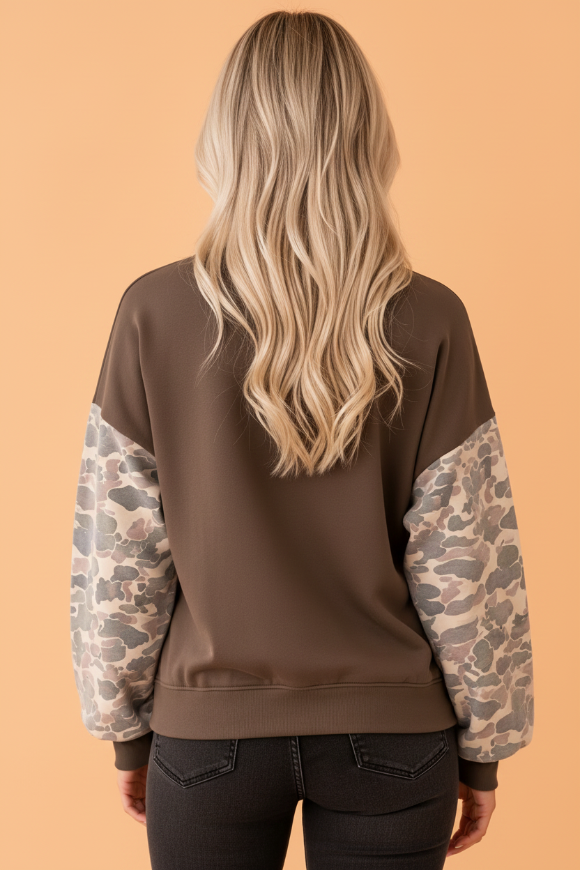 Camo Patchwork Drop Shoulder Crewneck Sweatshirt