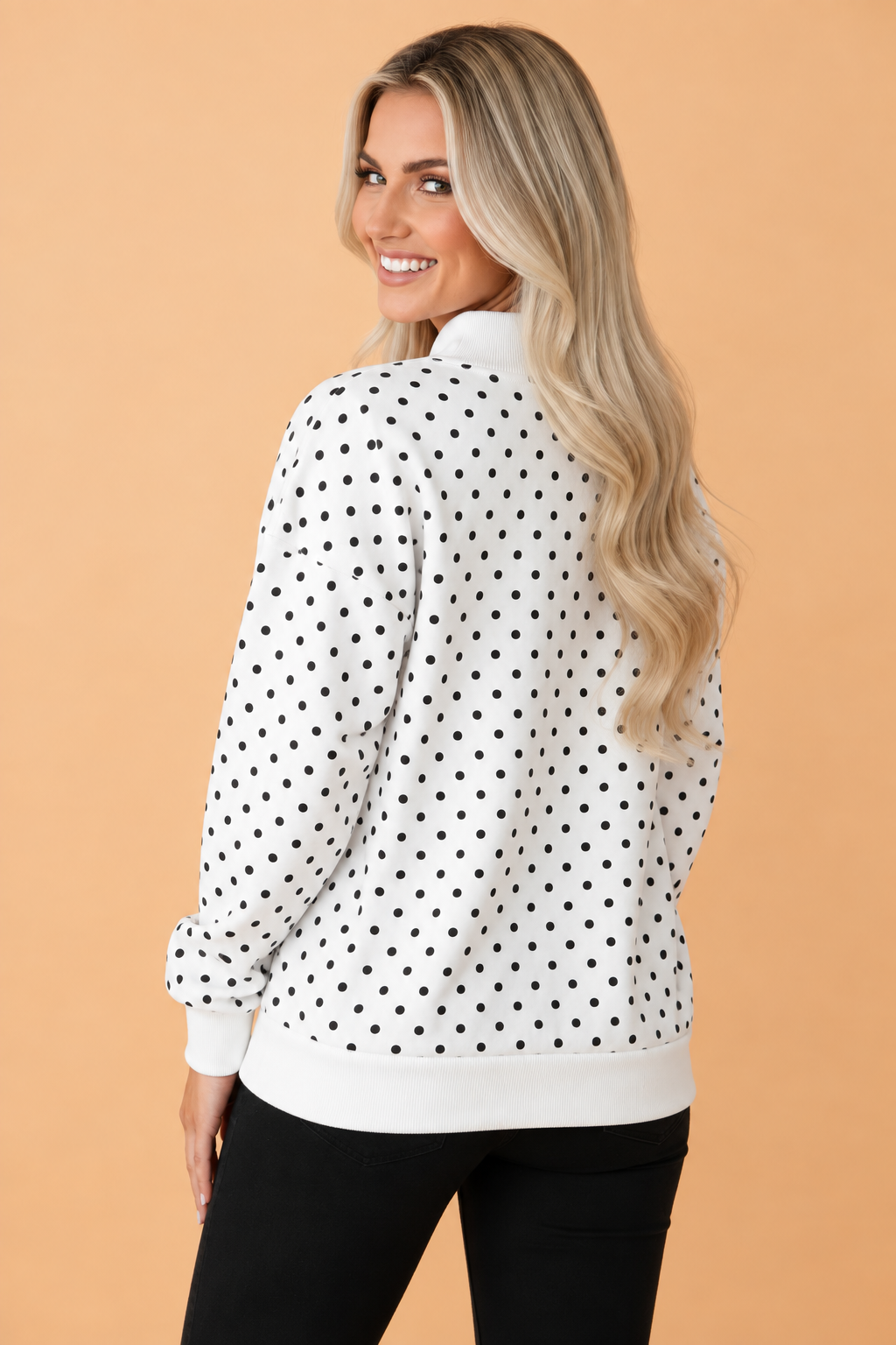Polka Dot Mock Neck Drop Shoulder Sweatshirt