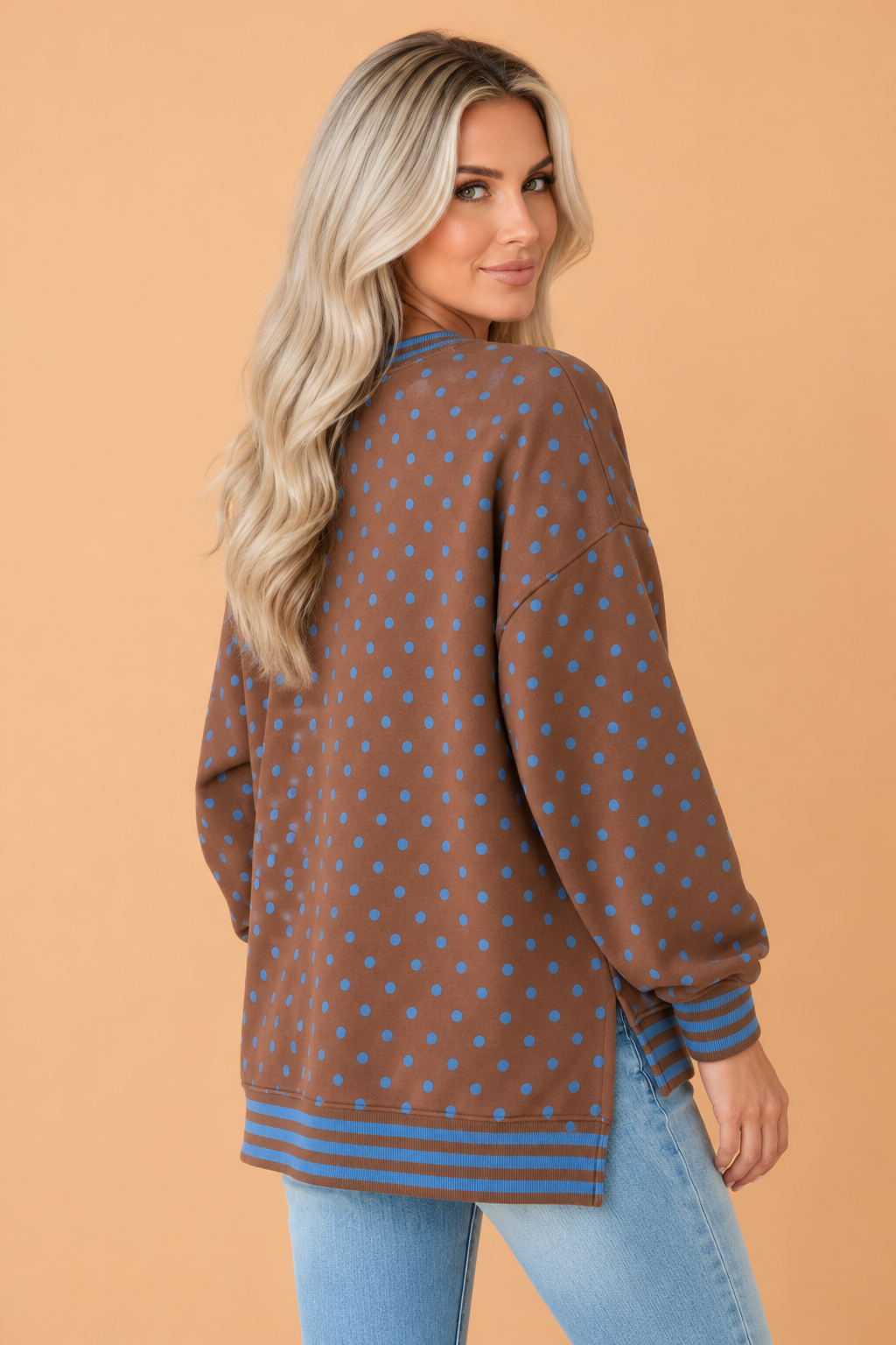 Polka Dot Stripe Trim Split Hem Sweatshirt