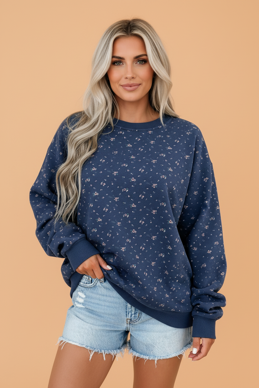 Floral Round Neck Drop Shoulder Oversize Sweatshirt