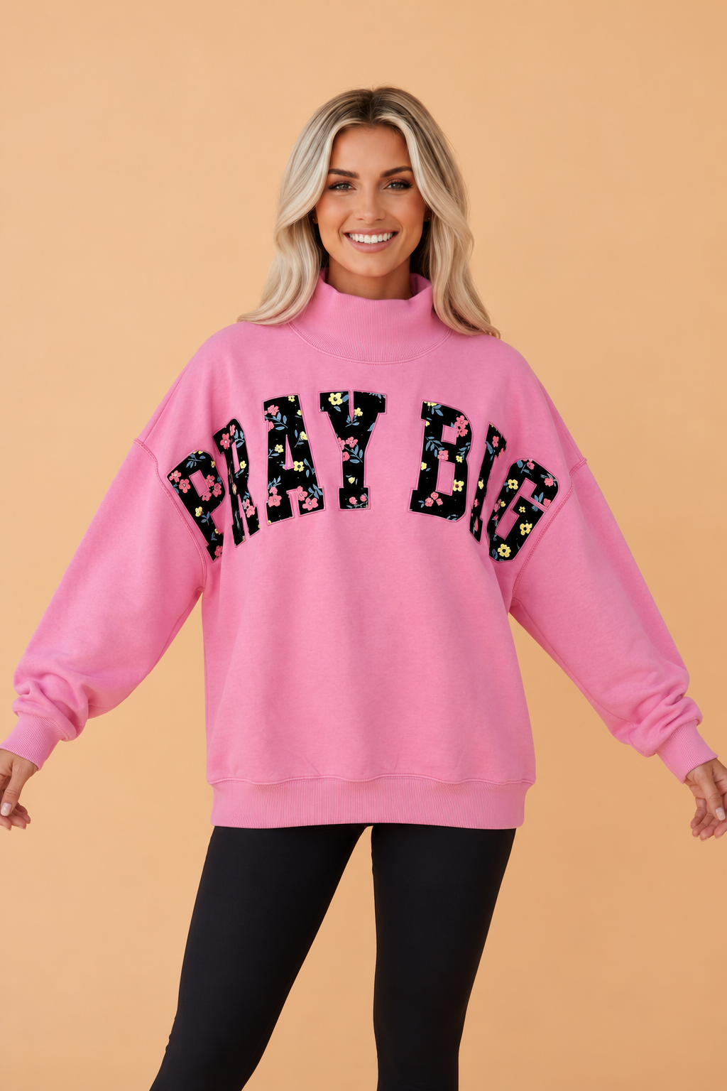 PRAY BIG Embroidered Floral Patch Mock Neck Sweatshirt
