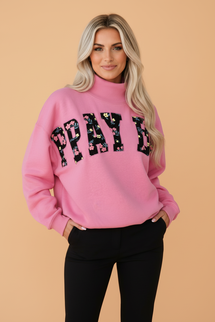 PRAY BIG Embroidered Floral Patch Mock Neck Sweatshirt