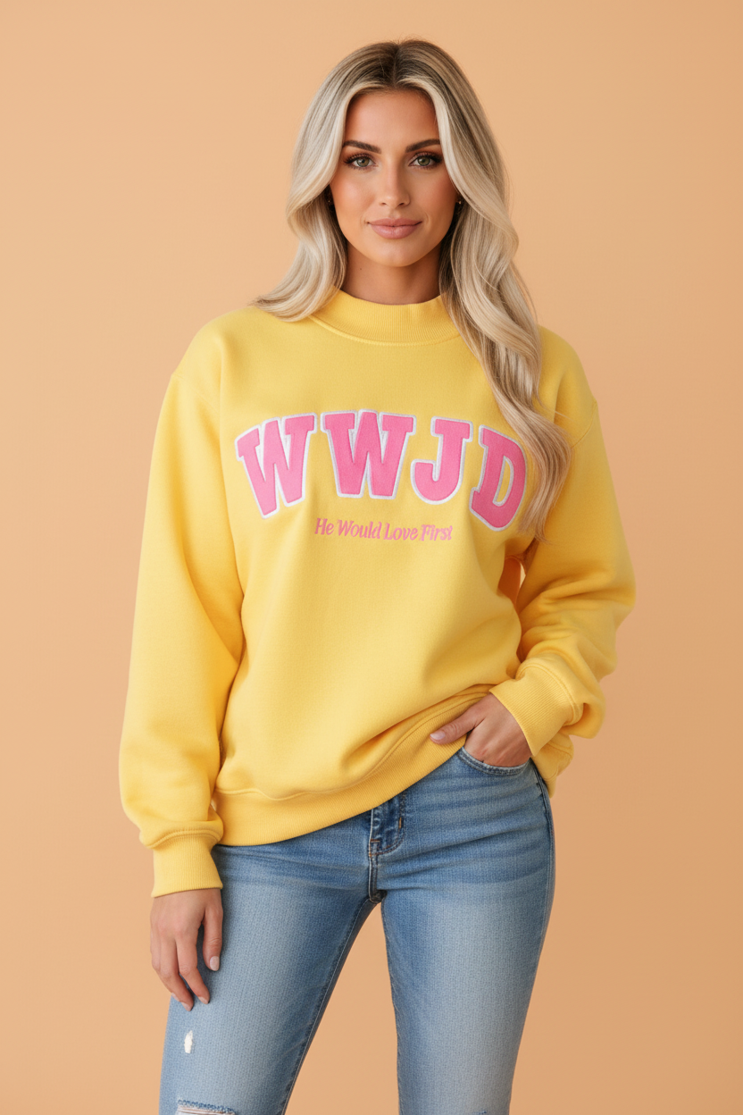 WWJD Embroidered Letter Print Mock Neck Sweatshirt
