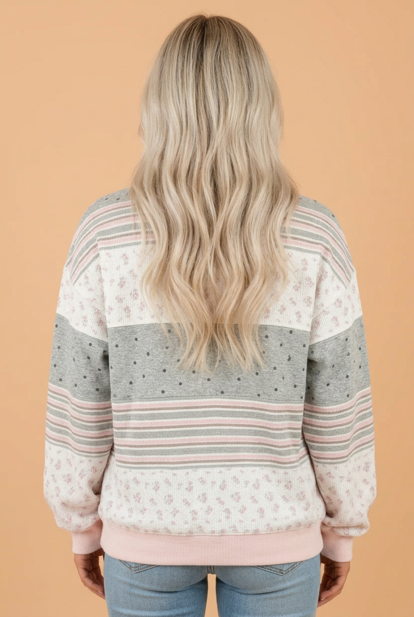Floral Stripe Polka Dot Knit Patchwork Sweatshirt