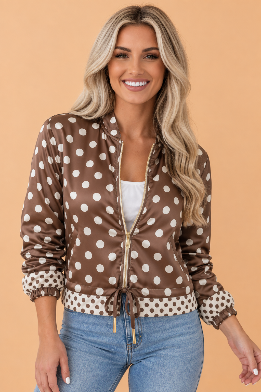 Polka Dot Drawstring Waist Zip Up Shacket