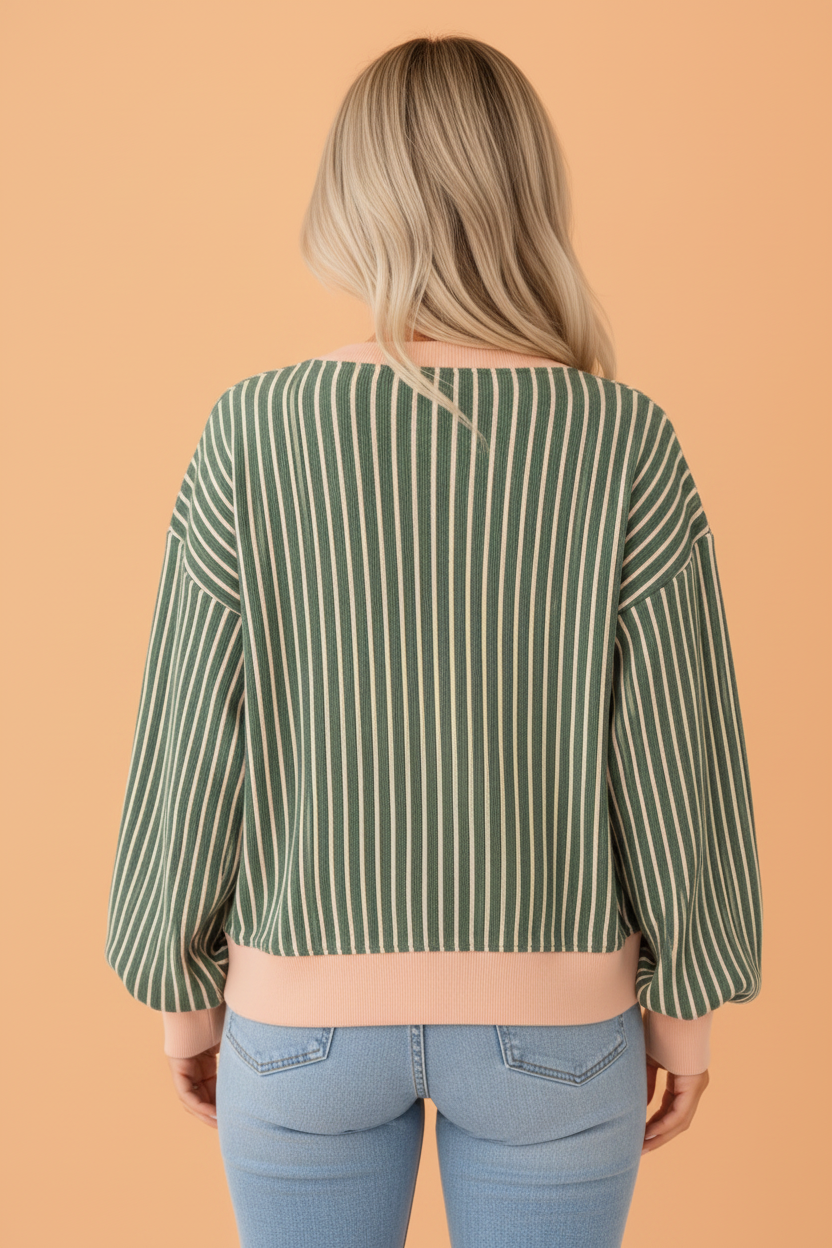 Stripe Contrast Trim Buttoned V-Neck Cardigan