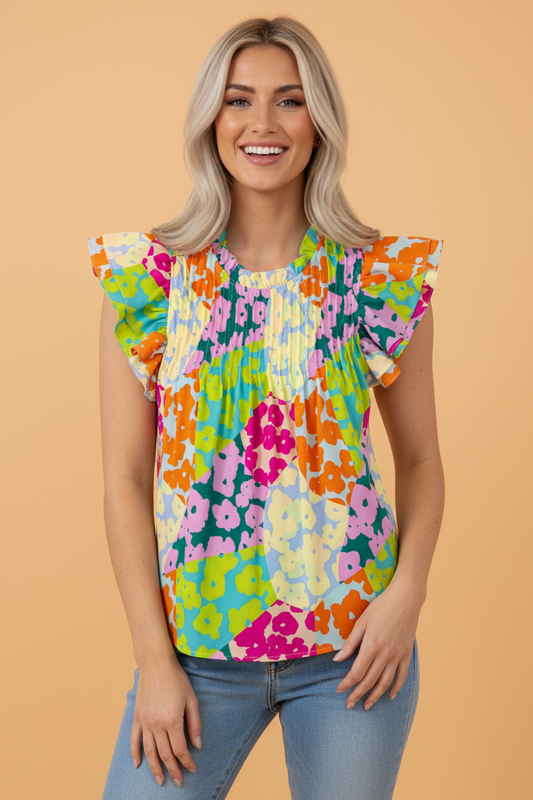 Abstract Pleated Flutter Sleeve Loose Fit Blouse