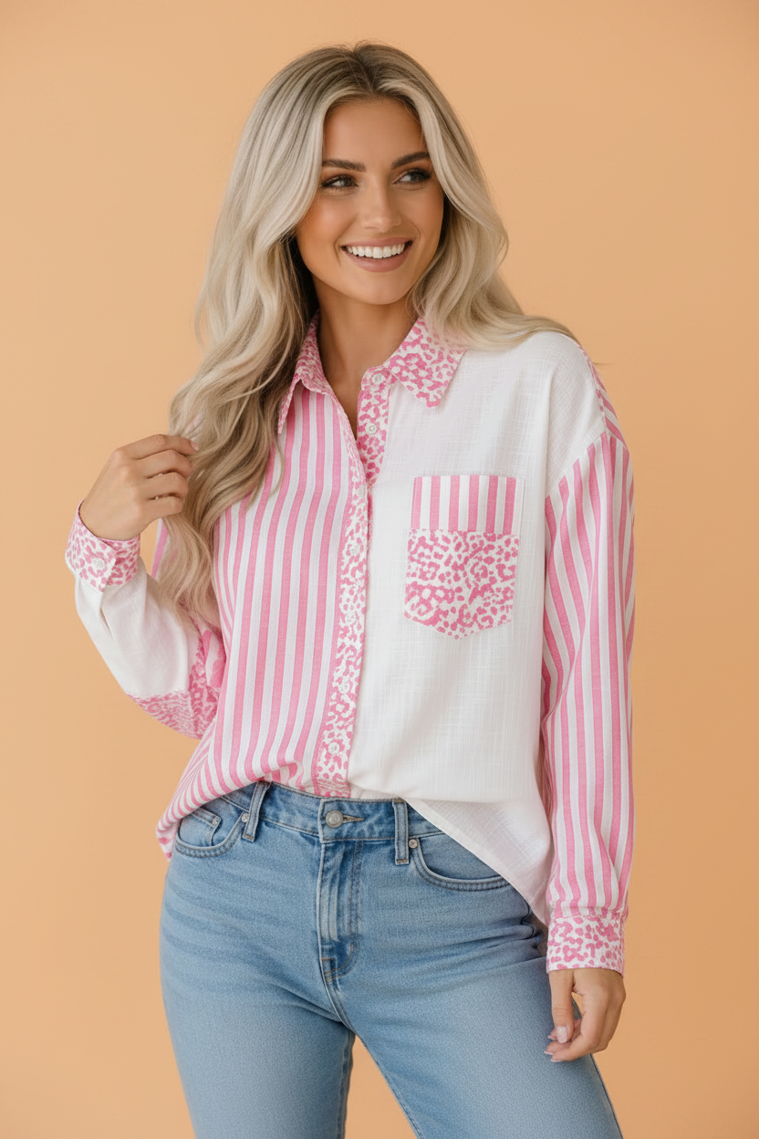 Leopard Stripe Pocketed Long Sleeve Shirt