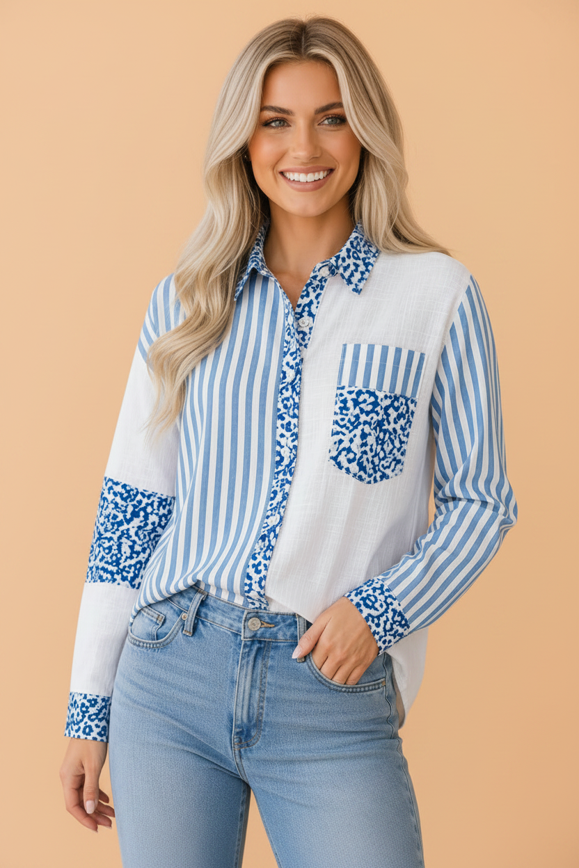 Leopard Stripe Pocketed Long Sleeve Shirt