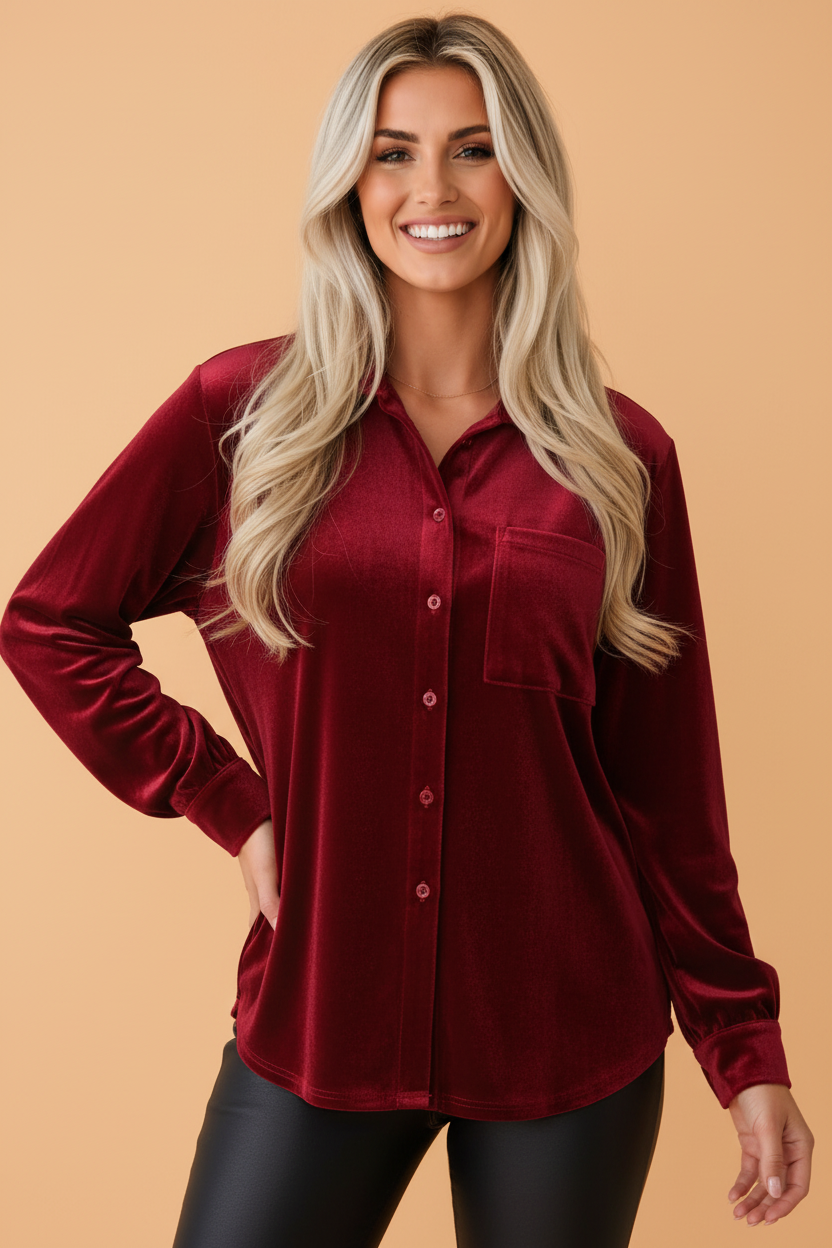 Solid Velvet Pocketed Long Sleeve Buttoned Shirt