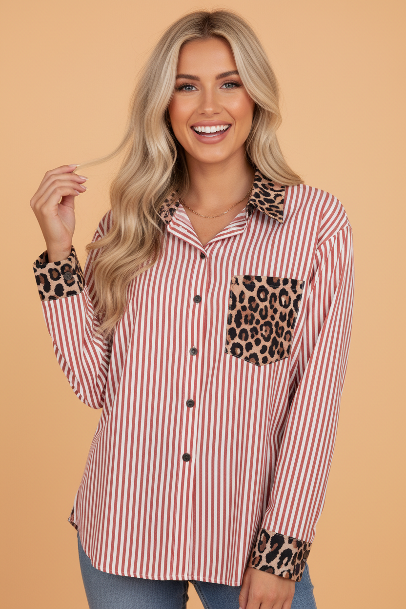 Stripe Leopard Patchwork Button-Up Womens Shirt