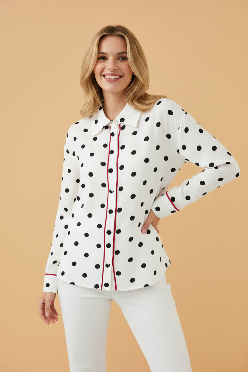 Polka Dot Collared Long Sleeve Buttoned Shirt