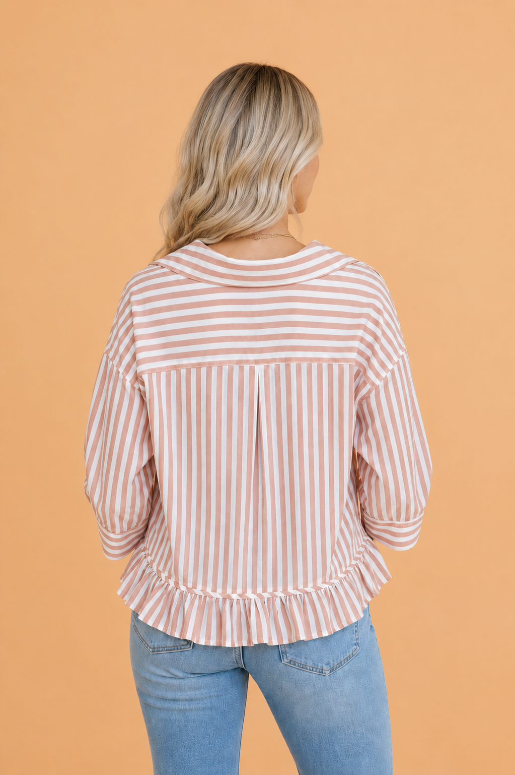 Stripe Ruffle Hem 3/4 Sleeve Buttoned Shirt