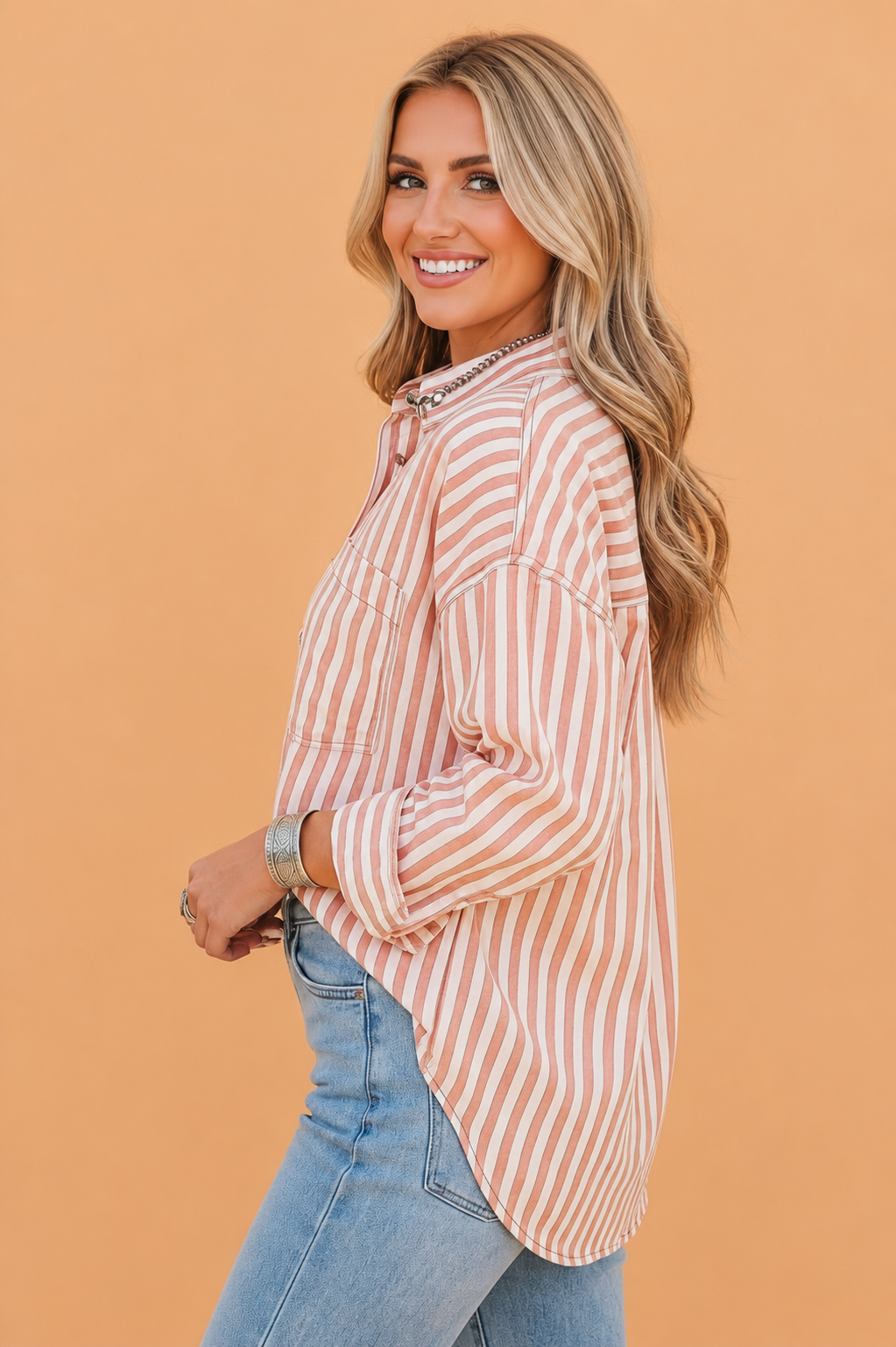 Western Stripe Button Down Long Sleeve Shirt