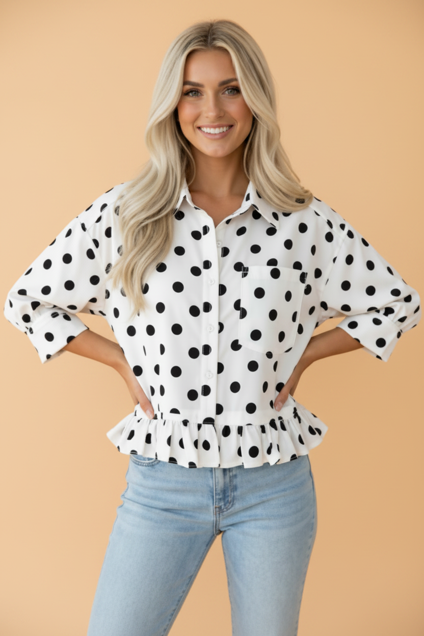 Polka Dot 3/4 Sleeve Ruffle Peplum Hem Shirt