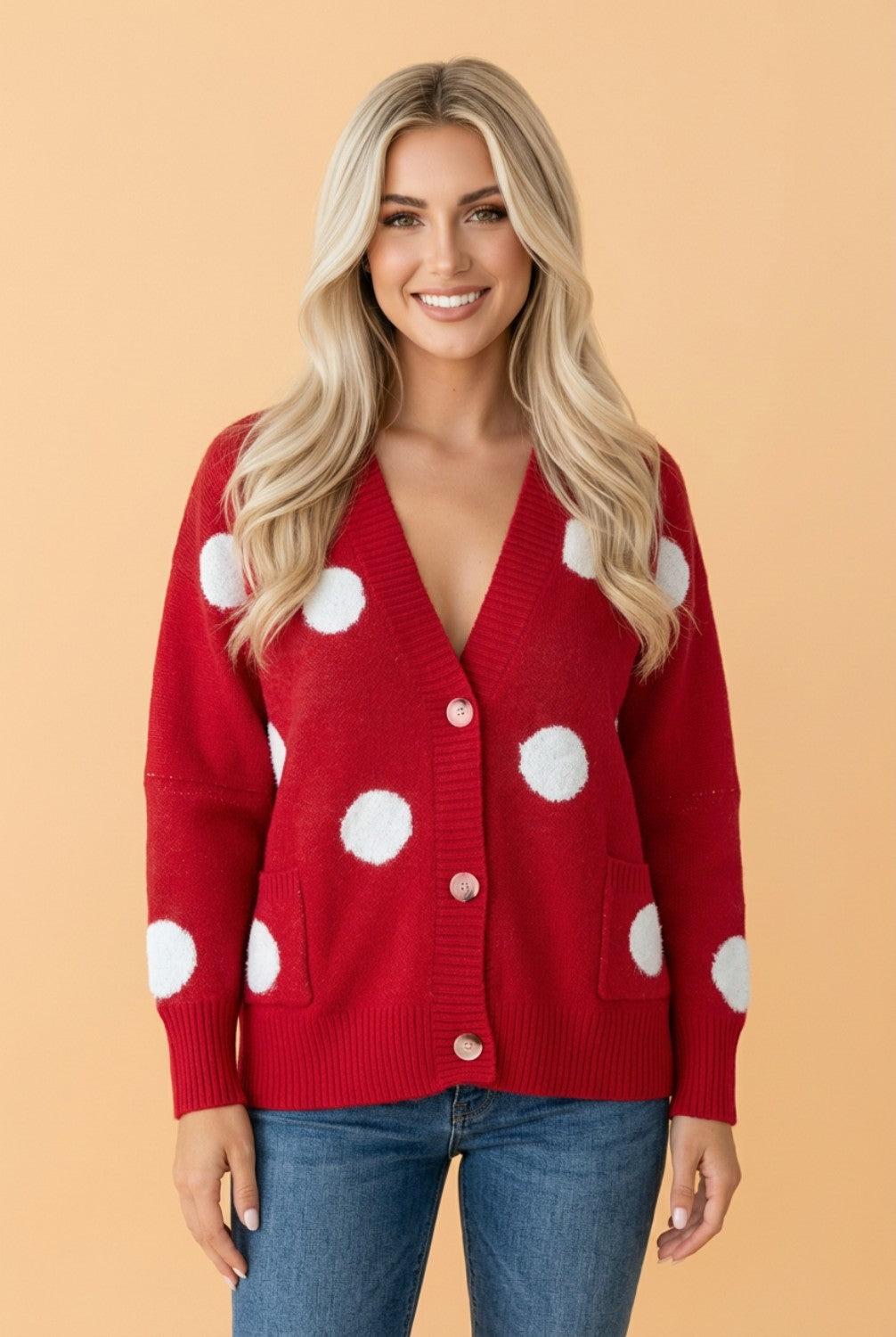 Polka Dot Button Front Oversized V-Neck Cardigan