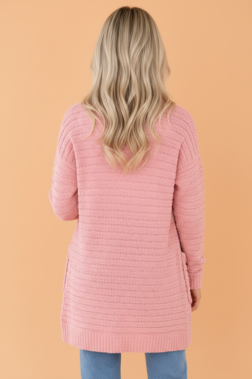Solid Fuzzy Ribbed Open Front Cardigan w/ Pockets