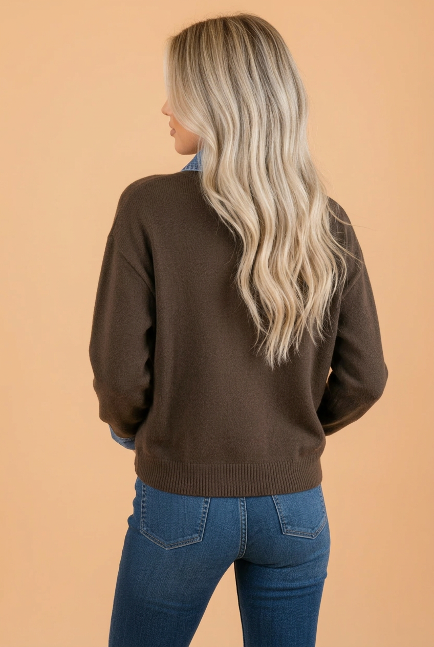 Denim Contrast Collar Button Down Knit Cardigan